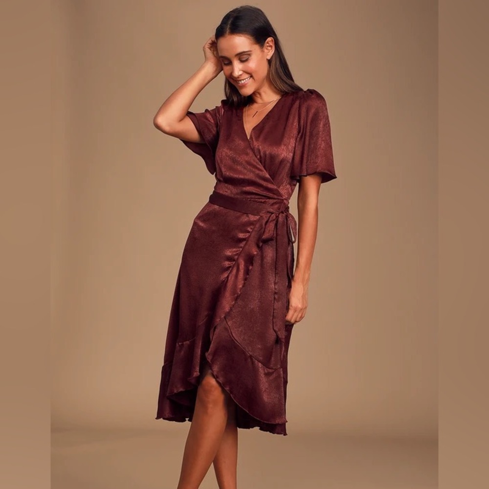 NWOT Lulus wrapped in love burgundy satin faux-wrap midi dress